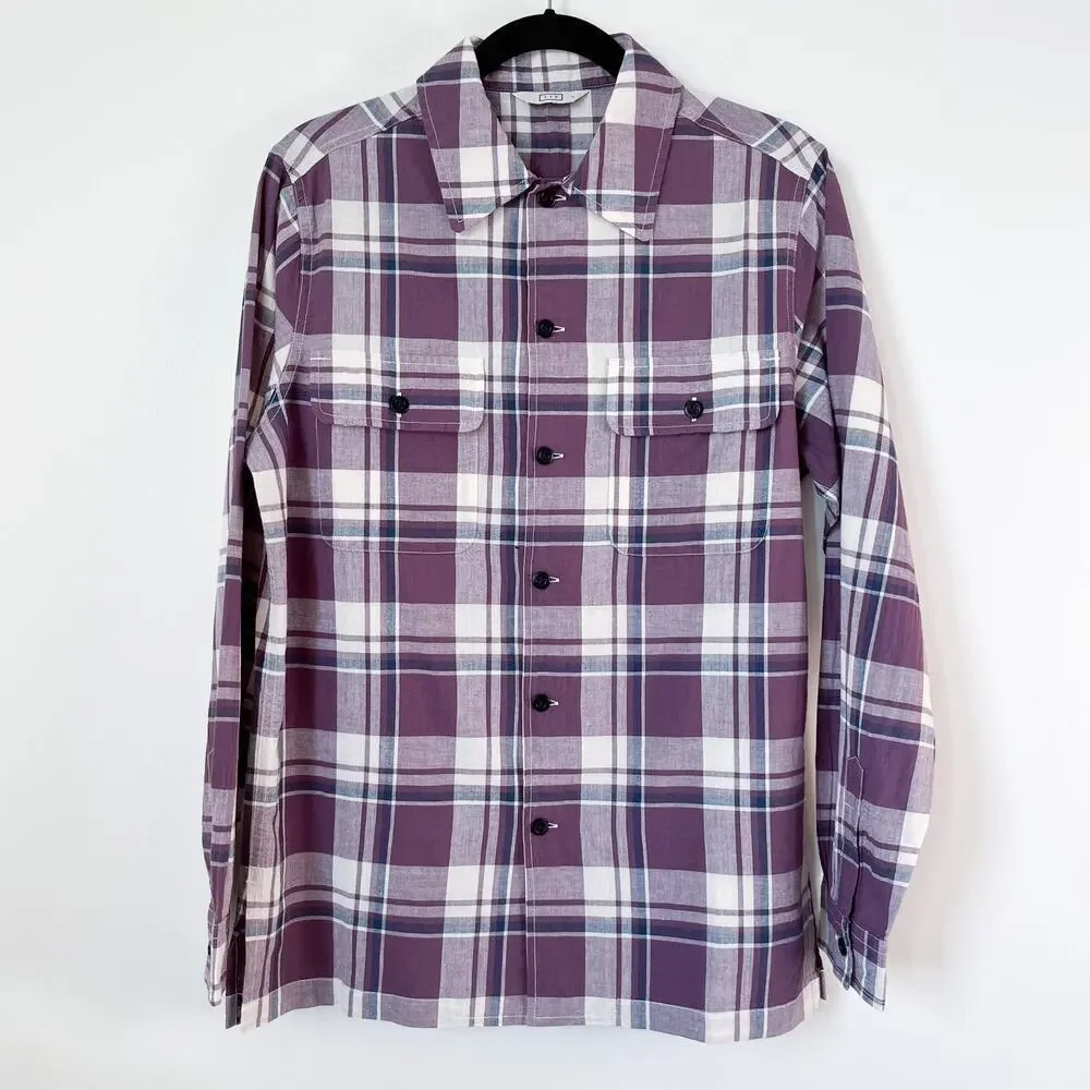 NEW AYR The Captain Shirt Madras Purple Rain Button up Front Pockets Plaid Small